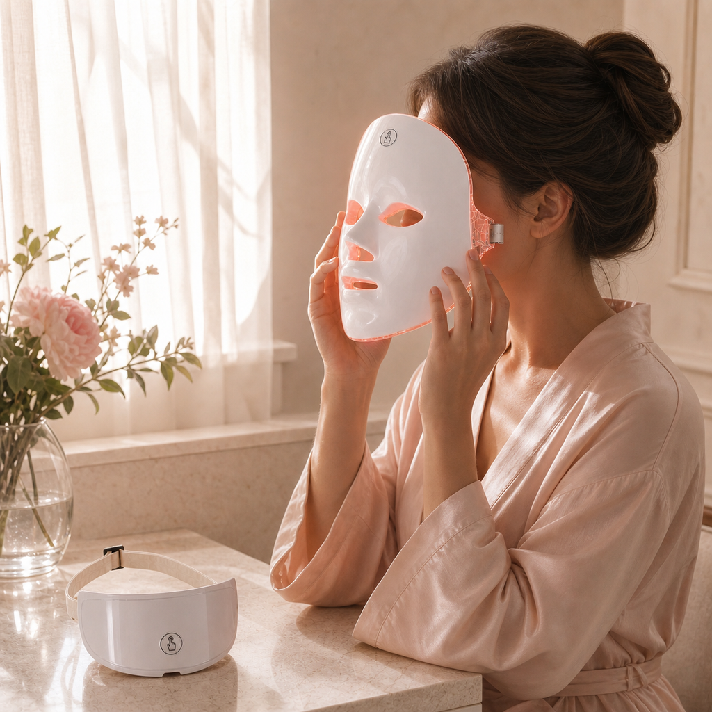 Femme installant le masque LED NOVALYA dans une salle de bain lumineuse